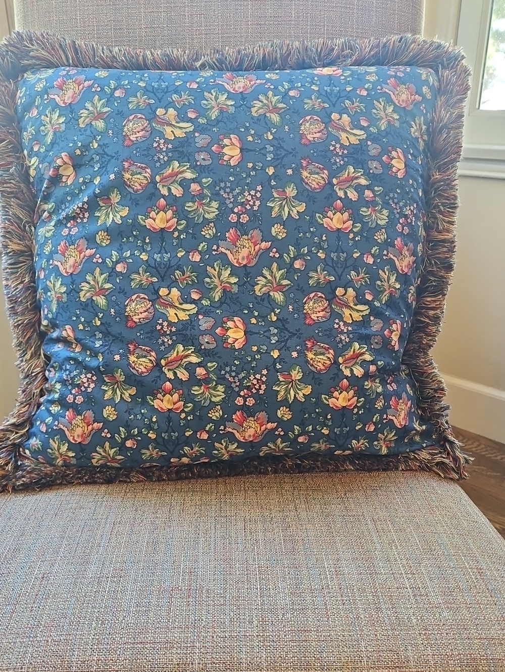 Blue Floral Fringe Decorative Throw Pillow - Feather Insert Included